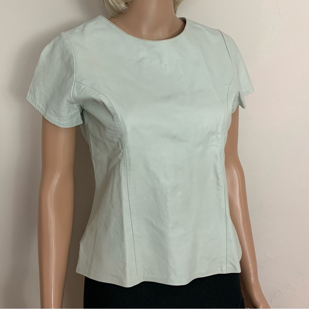 VINTAGE Women's STONE Gray ALICE COSTI Genuine LEATHER Short Sleeve SHIRT Top 40